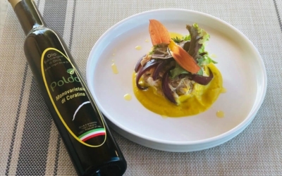 Coniglio marinato, crema di peperoni e cipolle in agrodolce con Evo monovarietale di Coratina