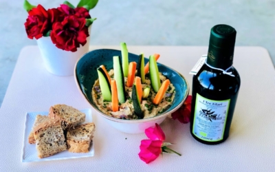 Hummus di ceci, peperoni arrostiti, verdure crude e Evo Mignola
