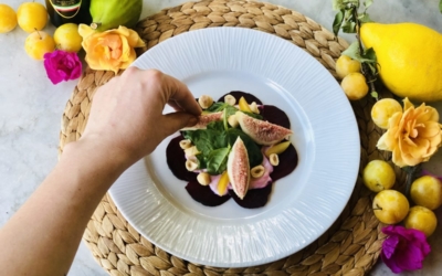 Carpaccio di rapa rossa, spinacini, fichi e nocciole ed Evo Blended