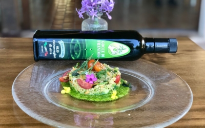 Cous cous con pesto di rucola, verdure crude ed olio extravergine di oliva blend “Frantoio del Piceno”